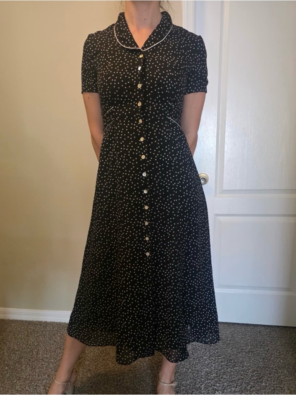 David Warren 4P Black White Polka Dot Button Front Shirt Dress Midi